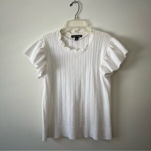 Cable & Gauge Scalloped Ruffle Sleeve Sweater White Cottagecore Neutral Large